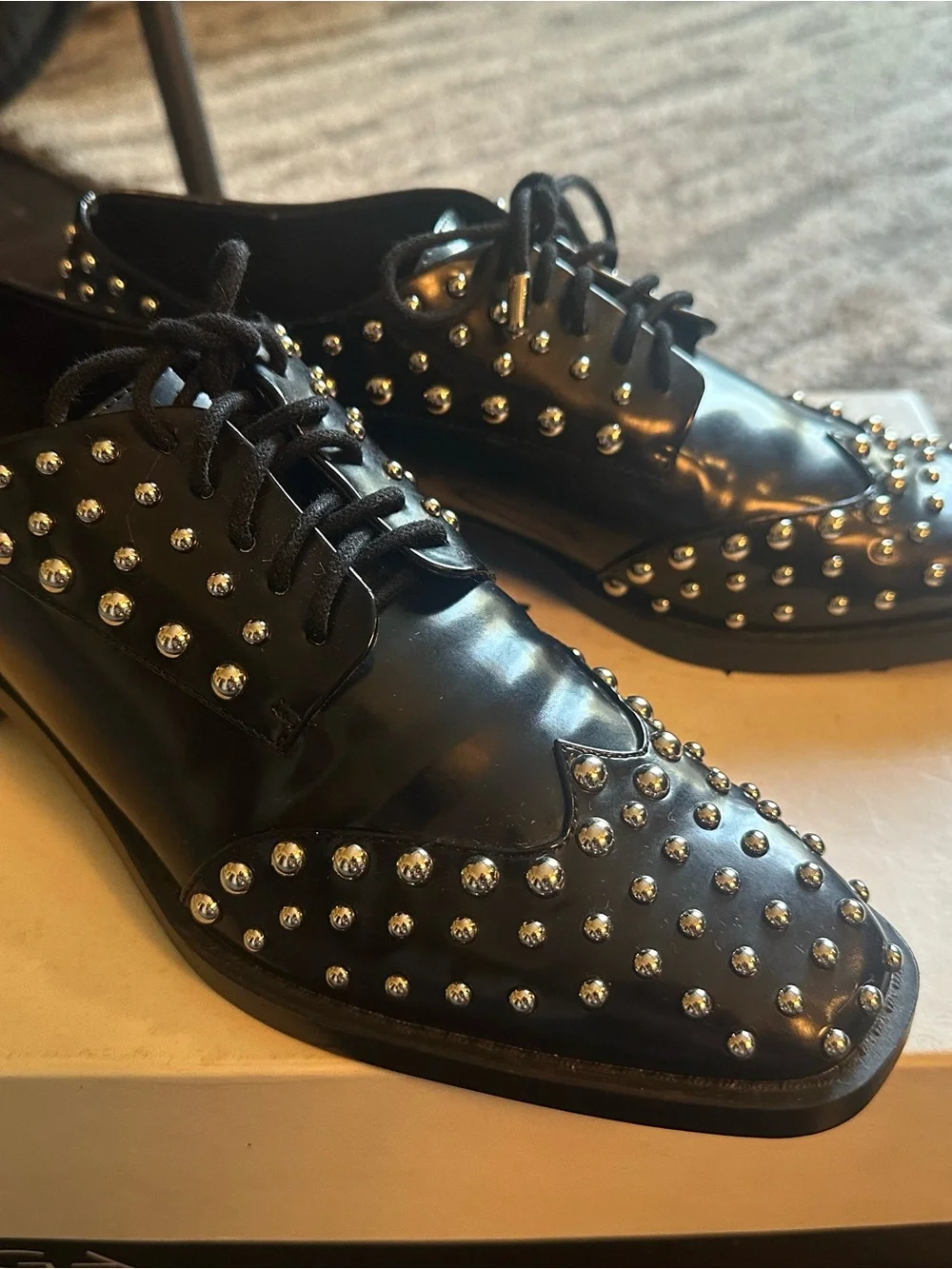 Zara Black Studded Leather Lace-Up Oxfords